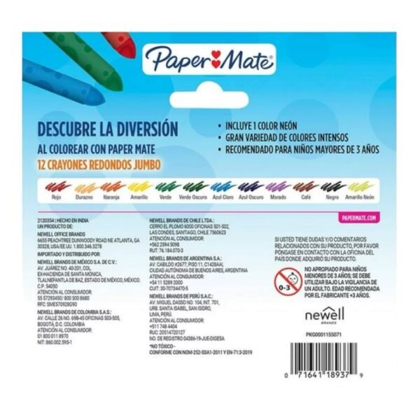 Crayones de Colores Paper Mate Jumbo Redondos - 12 Piezas - Image 2